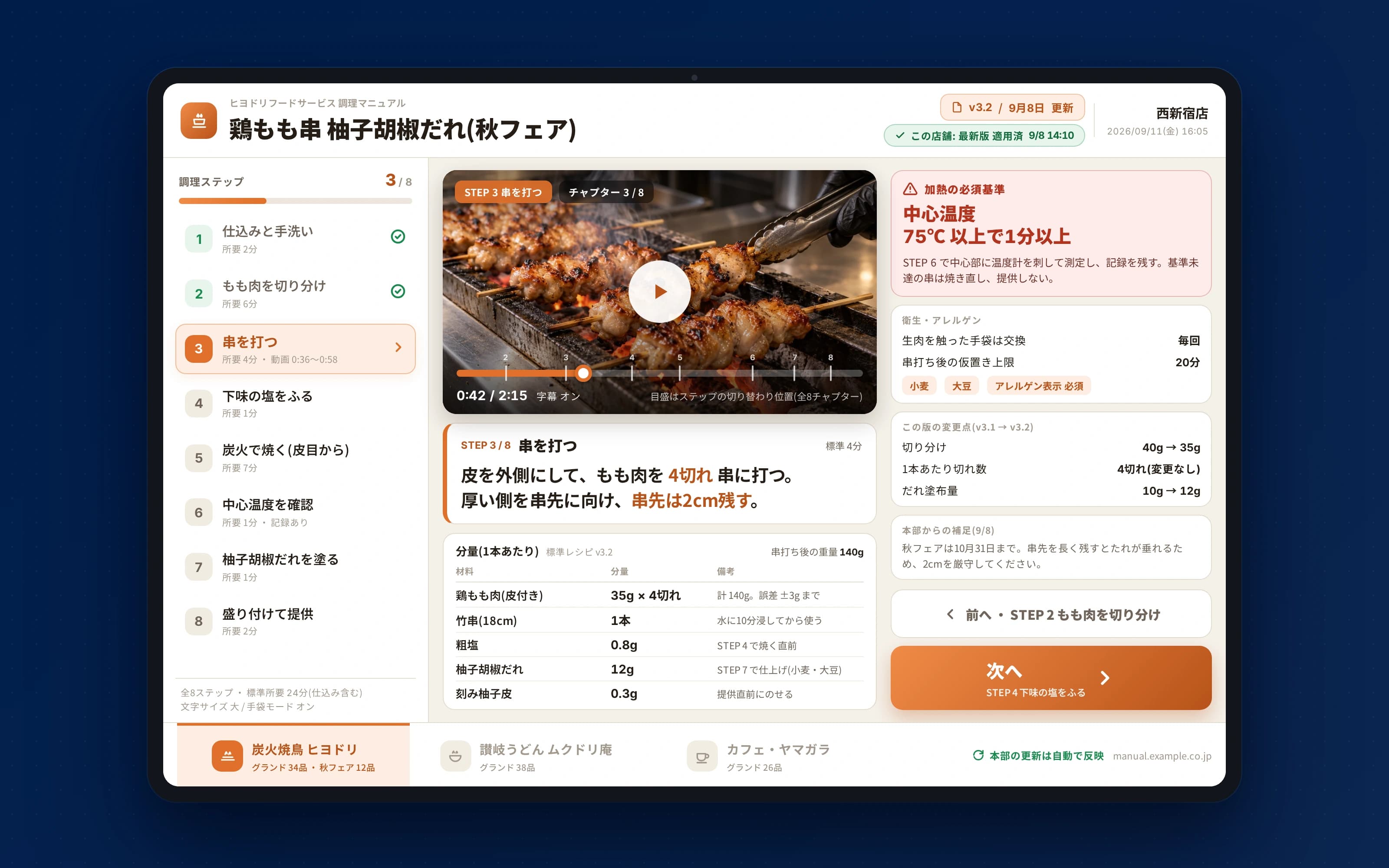 飲食チェーンの調理マニュアルWeb化 — 厨房タブレットの動画付き調理手順ビューア(モックアップ)