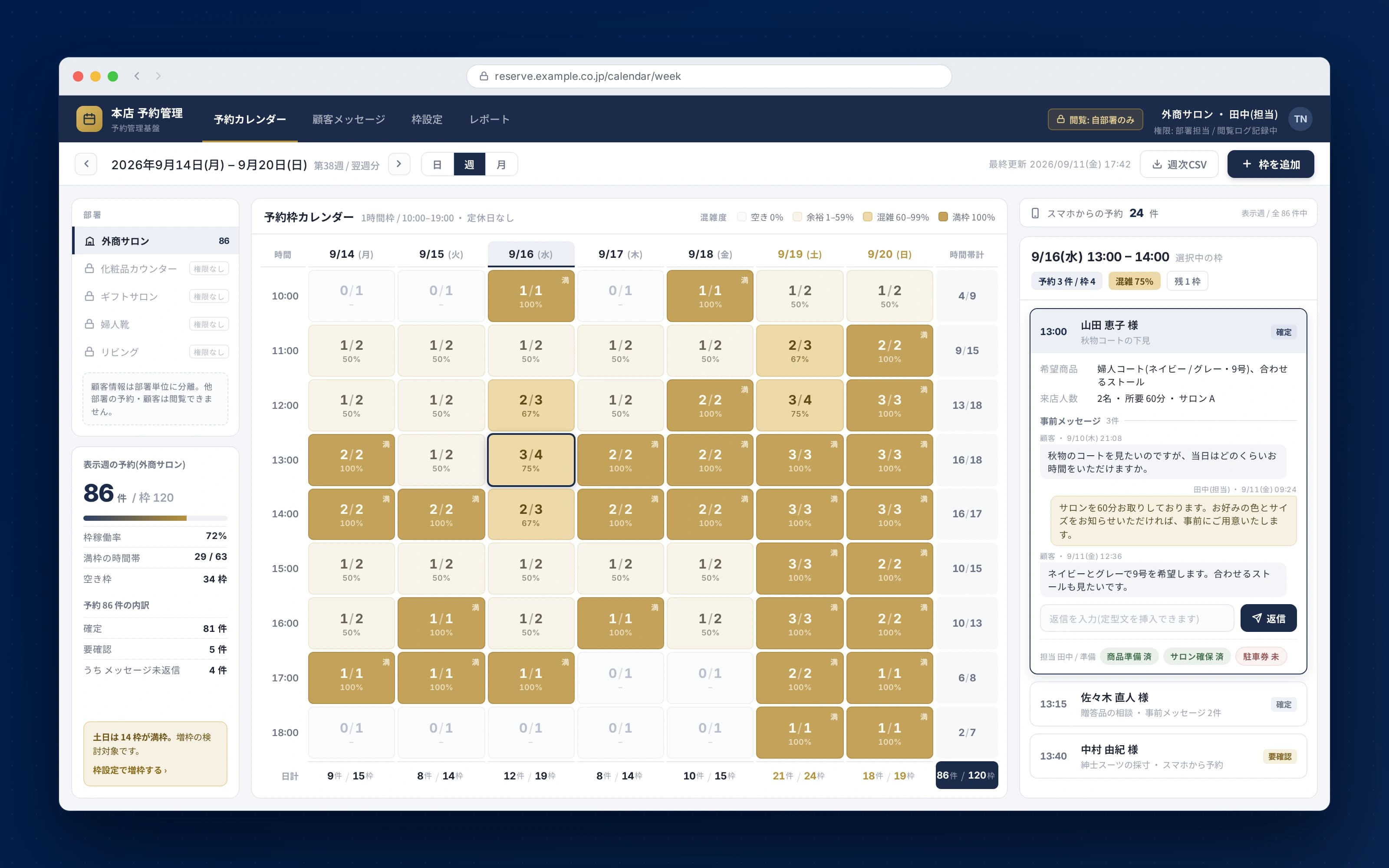 百貨店の予約管理システムリプレイス — 部署別の予約枠カレンダーと混雑ヒートマップ(モックアップ)